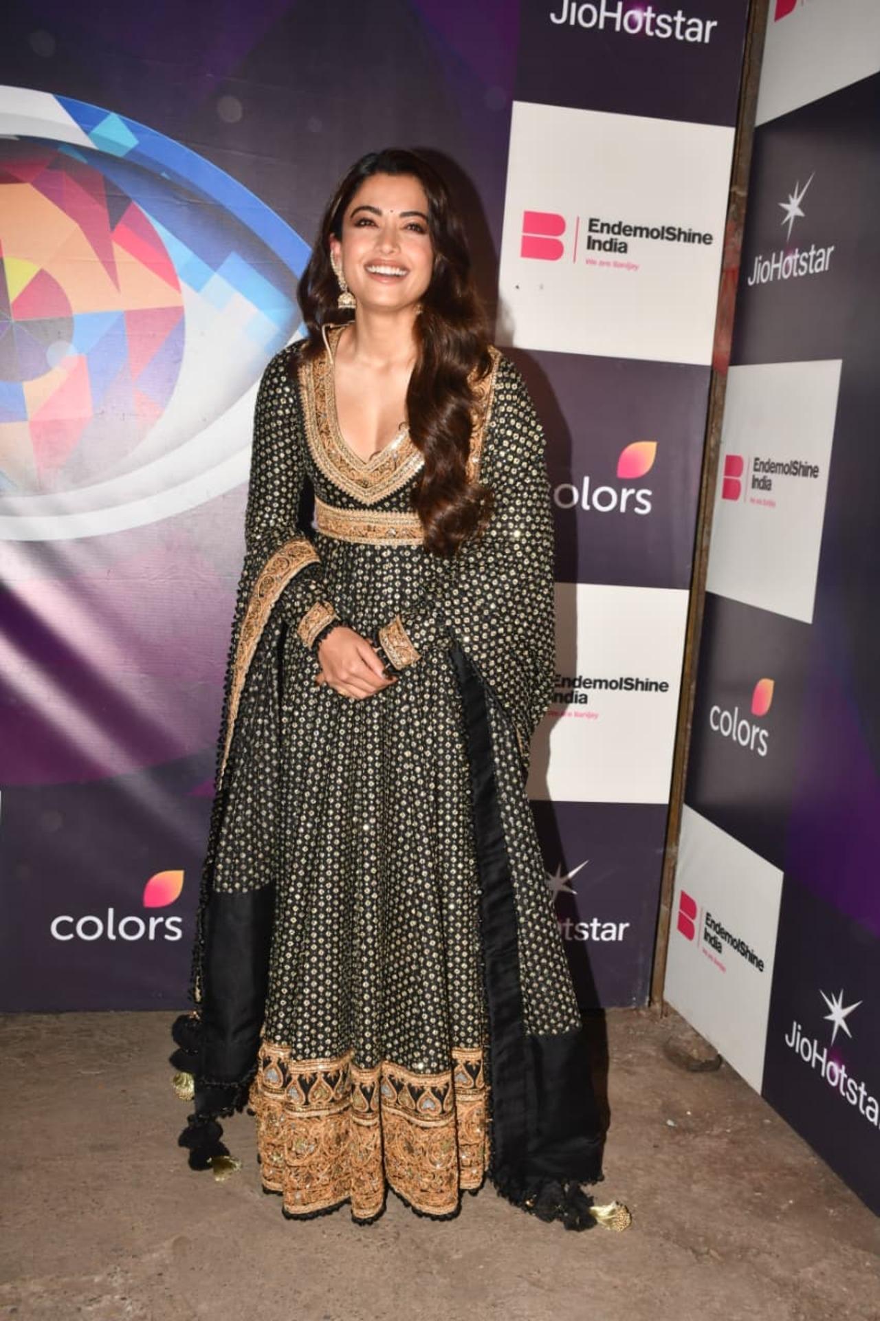 Rashmika Mandanna looked graceful in a black and gold anarkali on the sets of Bigg Boss 19 for the promotion of her film Thamma.